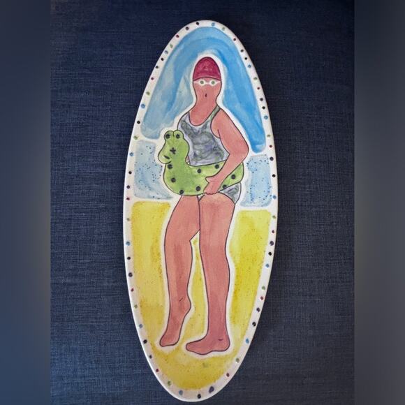 Becky Denny Signed Ceramic Serving Dish Swimmer With Alligator Float 16.2"x6.5" - Picture 2 of 4